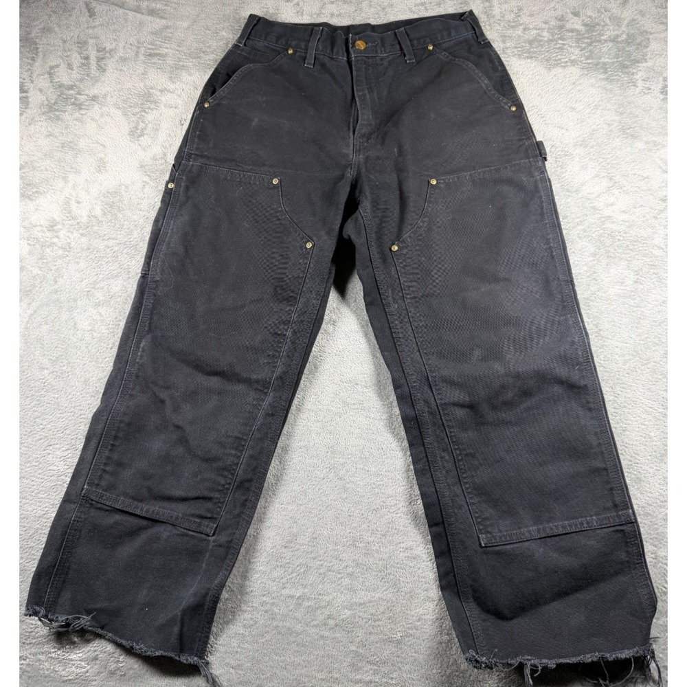 Carhartt Double Knee Duck Work Pants Men's 29x24 Black USA Cropped Raw Hem